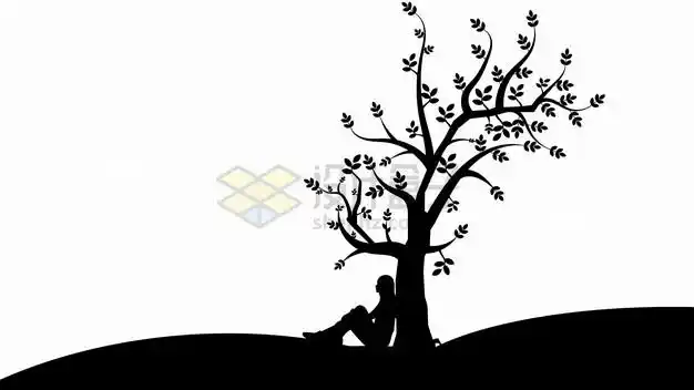 背靠在大树坐下的女孩剪影png图片素材