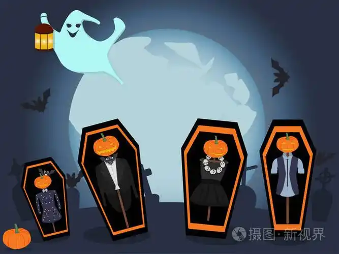 墓地上的万圣节躺在墓地棺材里的稻草人一家穿着服装的稻草人和拿着