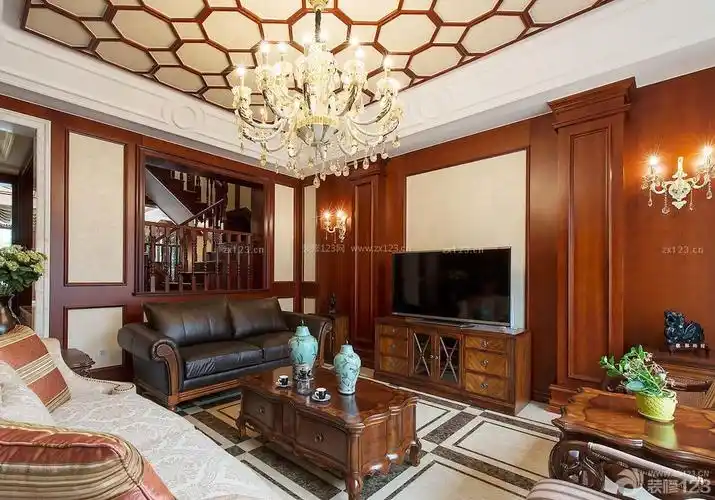 美式家装客厅木质电视背景墙装修效果图片