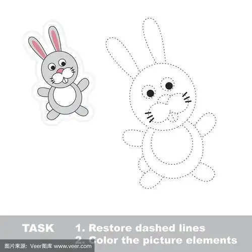 一个卡通的兔子.还原虚线和彩色图片