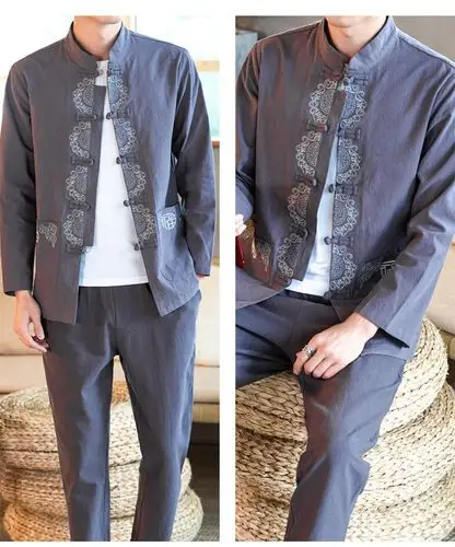 战枫2019秋季长袖亚麻唐装男汉服套装刺绣中式盘扣棉麻复古中国风休闲