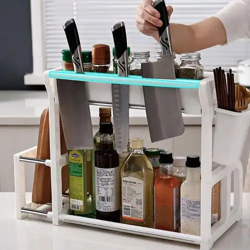 厨房置物架落地收纳架带调味料罐子双层置物架刀架厨房用具储物架调料