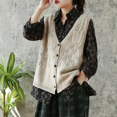 宽松羊毛针织打底背心女士春秋外穿大码无袖毛衣马甲v领短款开衫