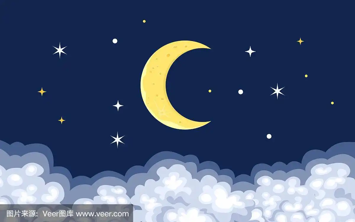 夜空中的月亮,星星和云.矢量插图午夜在卡通平面风格.