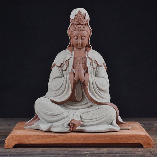 德化陶瓷佛像观音菩萨合掌禅意观世音家居装饰木底座灯圈玄关摆件