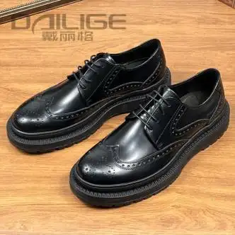 戴丽格秋冬新款布洛克皮鞋男牛皮雕花圆头商务正装男鞋增高西装鞋男