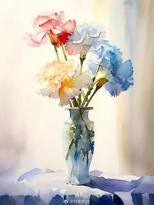 每日一画超话花瓶里的康乃馨水彩超话#水彩花卉##midjourney#ai绘画