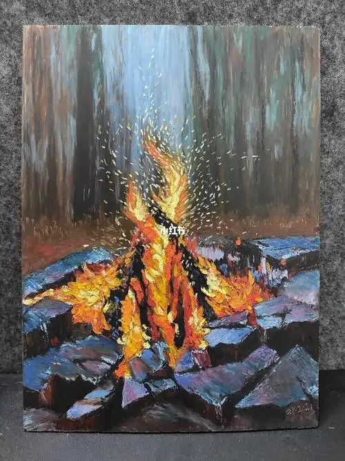 冬日篝火97_冬天去哪玩_油画_油画棒_文化_绘画