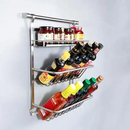 三层厨房调料挂架不锈钢304壁挂式佐料瓶罐斜口收纳置物架件黑色
