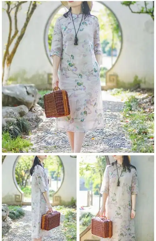 念江南秋装素雅苎麻中国风旗袍改良版文艺连衣裙中袖棉麻复古裙子