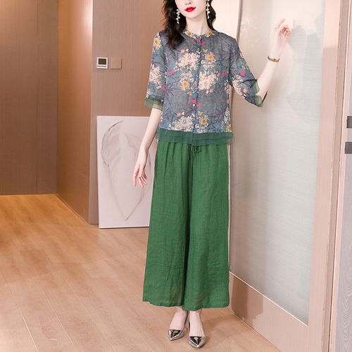 轻奢女王素订素素女装品质高端苎麻上衣亚麻阔腿裤子两件套女夏装素订