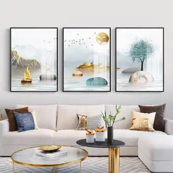 三联画客厅沙发墙山水画客厅装饰画大气山水画三联画墙画现代简约沙发