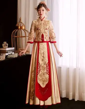 秀禾服金色中式婚纱龙凤褂高端嫁衣新娘新款香槟色礼服秀禾花浅葱鎏金