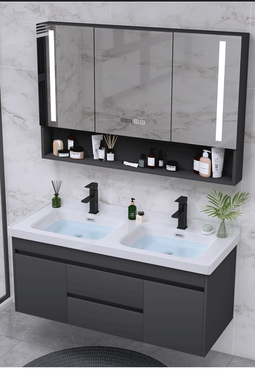 米4一米5陶瓷一体双盆洗手盆柜组合定制实木洗脸盆柜摹然尔轻奢智能套