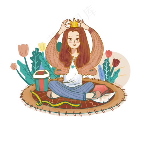 女王节戴王冠的女孩小清新插图png免抠元素2000x2000dpi300psd模版