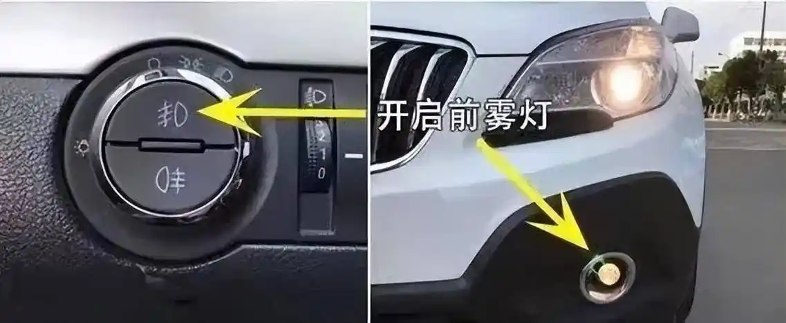 前雾灯标志和前雾灯示意图▲雨量较大可开启前雾灯和近光灯暴雨可