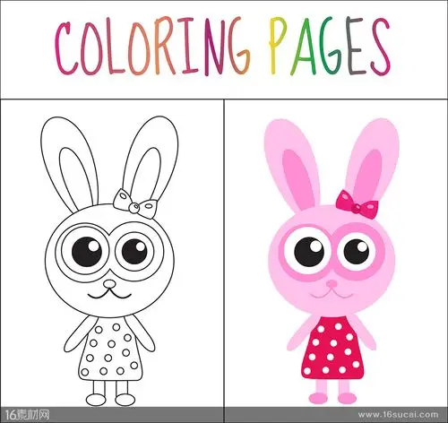 可爱卡通长耳兔填色画矢量素材