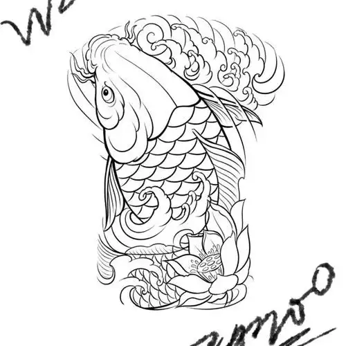 原创鲤鱼满背纹身手稿遮盖小能_纹身吧社区 - 纹身大咖
