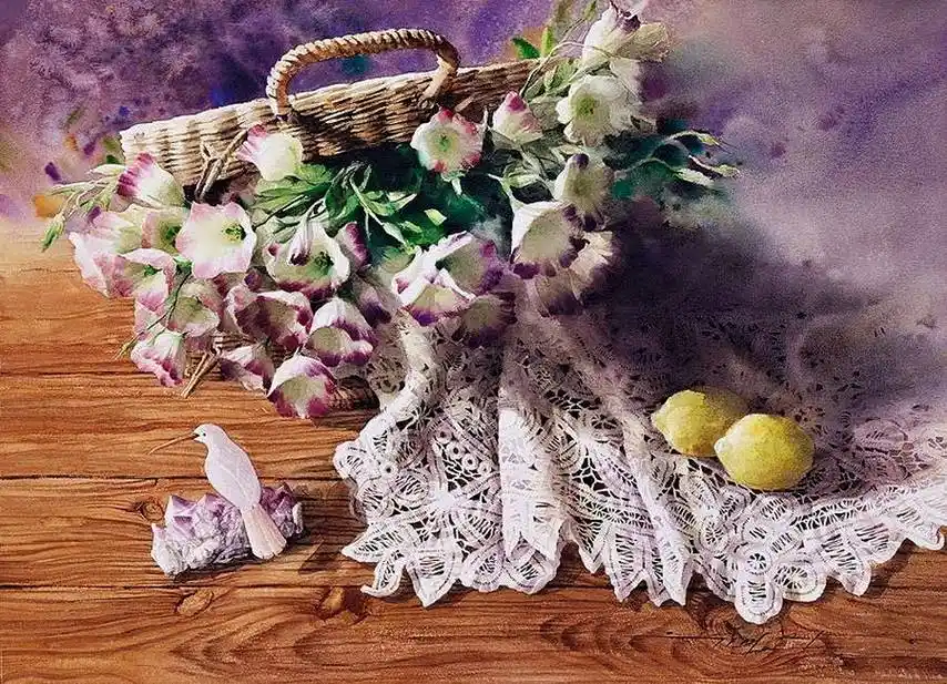 水彩画:精致的静物花卉作品-艺术家you mee park