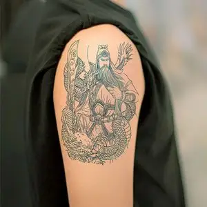 关公纹身贴关羽线条刺青色花臂防水过肩龙男持久手臂仿真持久小腿