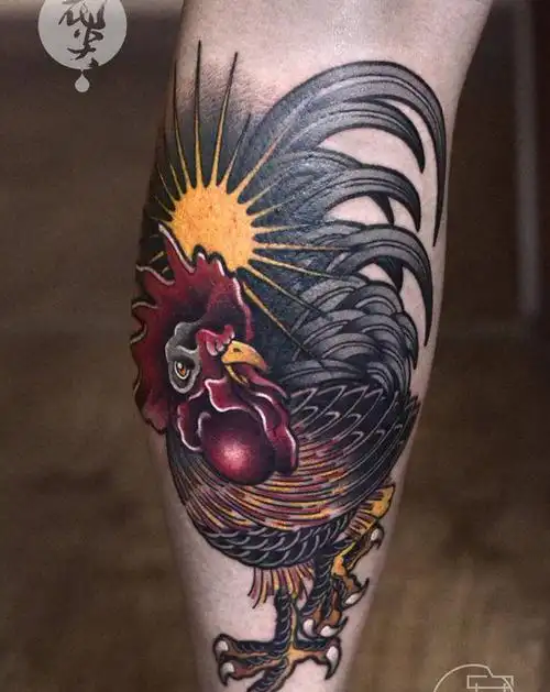鸡纹身图片_腿部new school纹身图案
