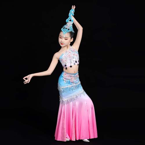 舞蹈傣族儿童孔雀舞傣族女孩服裙新款服表演幼儿服装演出女童b舞