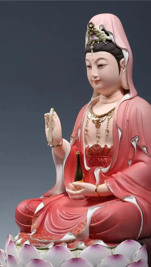 【上美】陶瓷12至24吋坐莲笑脸观音菩萨像供奉家用观世音佛像摆件