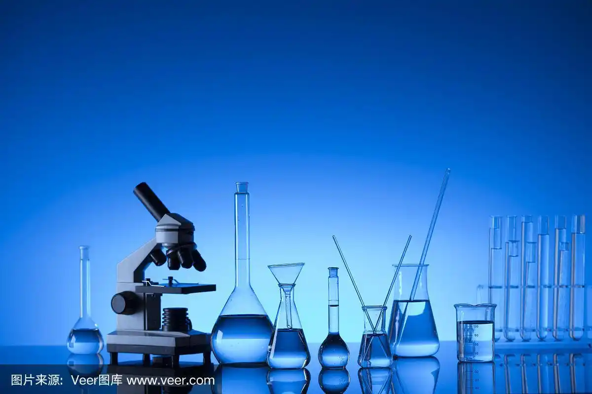 科学的概念.实验室玻璃器皿.化学实验.蓝色背景.