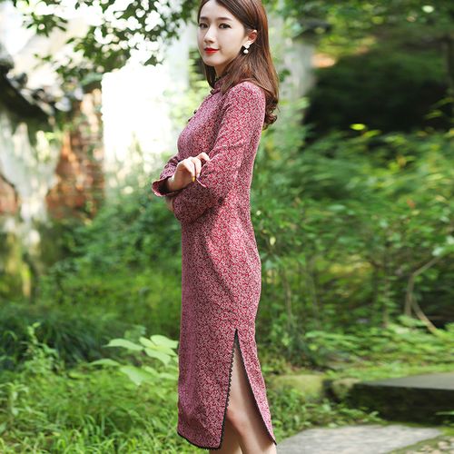 筠雅显瘦改良旗袍连衣裙中长款红色复古流行气质修身包边棉麻裙子