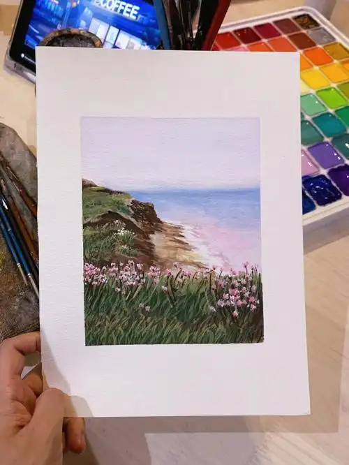 海滩悬崖小花水粉画步骤图