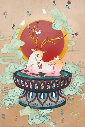 敦煌色莲花座仙鹿插画图片
