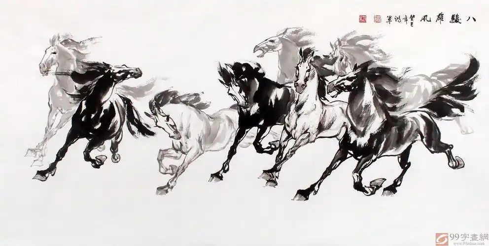 sk绥化美协理事徐鸿军四尺八骏图《八骏雄风》(询价)