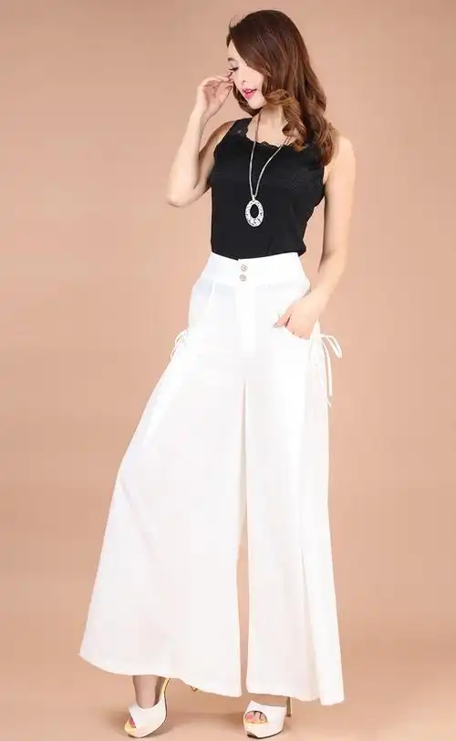 春夏女装长裤裙裤高腰裤裙长款宽松大码阔腿裤甩裤女大脚裤 白色夏款
