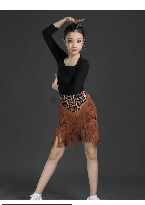 拉丁舞服装女童4-12岁中大儿童练功秋冬季表演服服流苏裙考级比赛演出