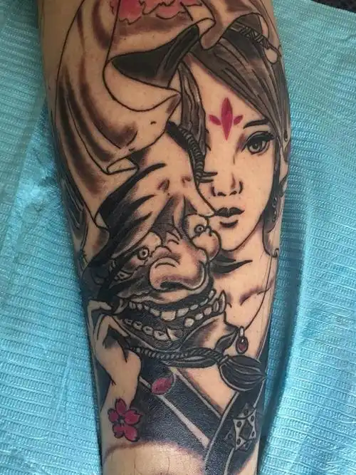 小腿艺伎般若 _纹身图案手稿图片_荆棘的纹身作品集