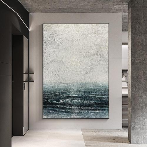 纯手绘油画抽象大海装饰画轻奢冷色系后现代挂画金箔壁画艺术设计