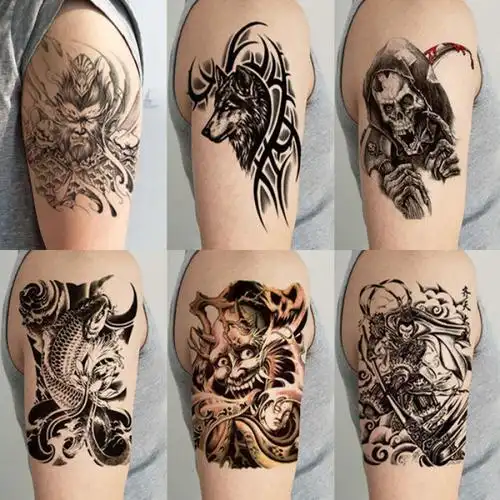 半臂纹身贴防水男图腾持久仿真逼真花臂小手臂狼头麒麟火焰龙刺青儿童