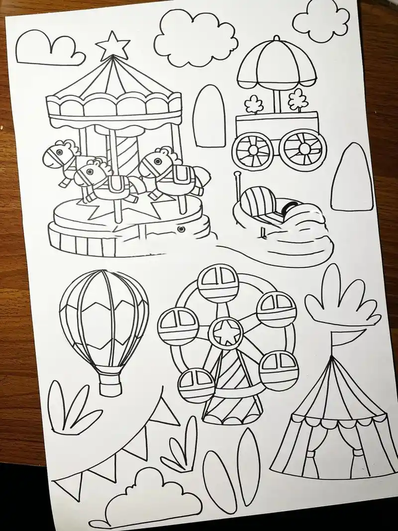 儿童绘画素材—欢快的游乐场(立体贴画) 回老家路上经过游乐场, 弟弟