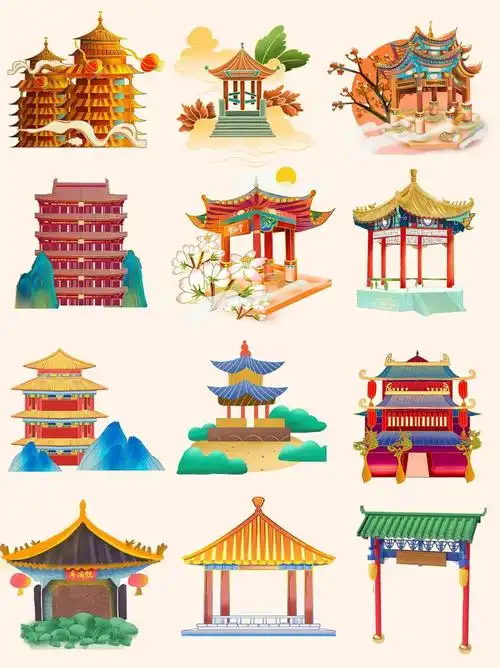 中国传统风格的建筑风主要是亭子和古塔这些素材都是国潮设计中需要用