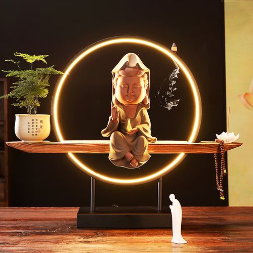 观音神像观世音菩萨像保平安陶瓷摆件 观世音菩萨[绿衣] 灯木座全套