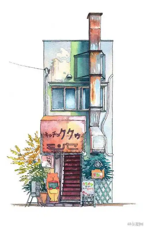 美丽的屋顶,大胆的招牌,这些是来自日本的美丽建筑物的水彩画.