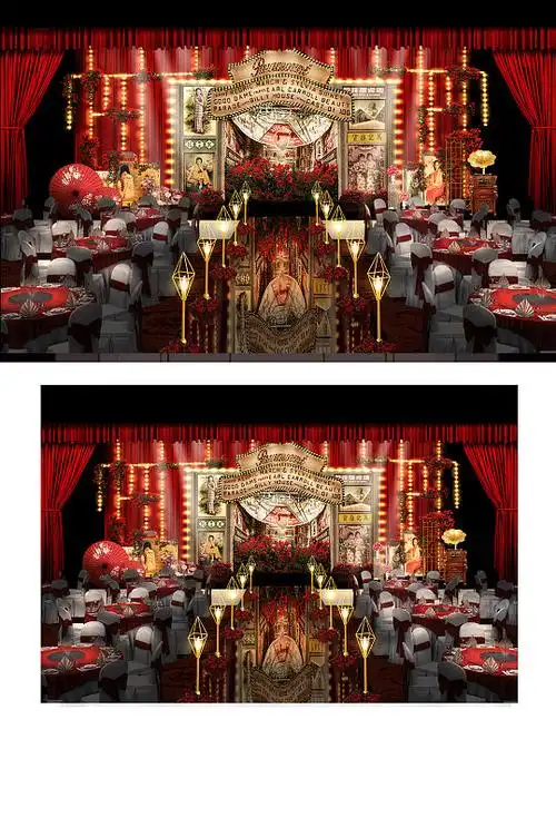 民国风婚礼舞台浪漫温馨红金色大气