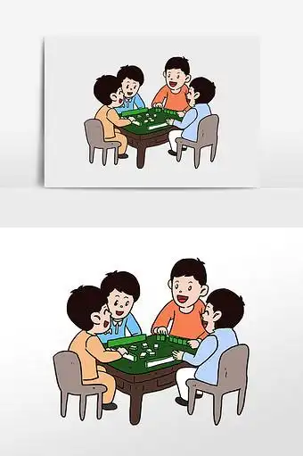 手绘打牌玩麻将男孩