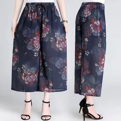 棉稠中老年夏装新款松紧高腰妈妈阔腿裙裤印花大码休闲裤大脚长裤