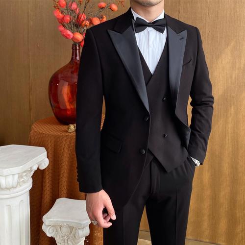 鹿三先生婚礼宴会主持缎面拼接枪驳领礼服套装修身大气新郎西服男