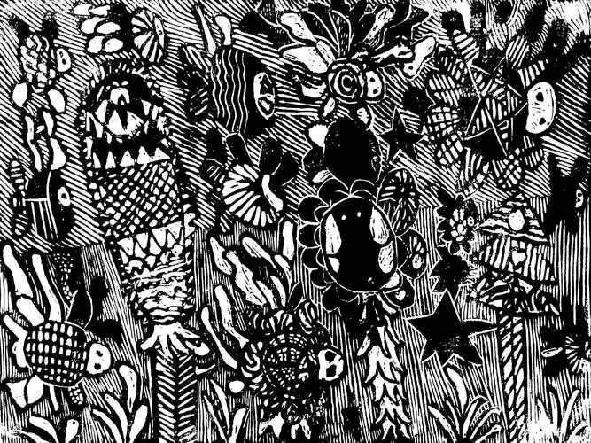 《花花世界》 木刻版画  45cmx30cm  梁咏欣 9岁  2018年  辅导老师