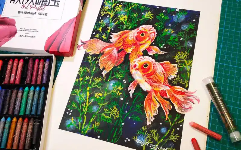 【油画棒】两条小金鱼绘画全过程!