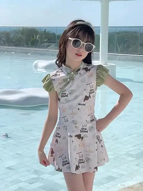 回力儿童泳衣女童2024新款夏季女孩连体中国风中大童宝宝可爱泳装