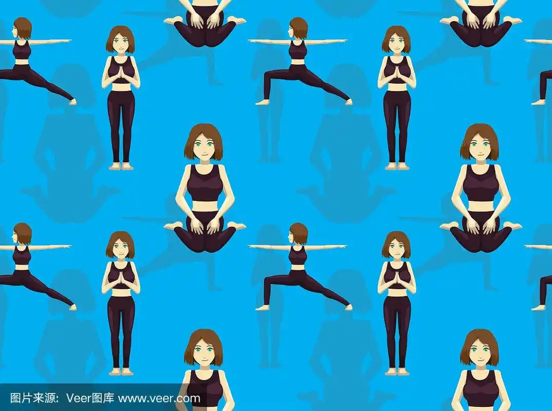 漫画瑜伽女孩山姿势卡通无缝墙纸