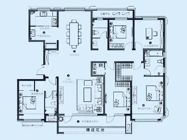 这是一款标准的五室大户型,居住舒适度相当明显,绝对是一步到位的豪宅